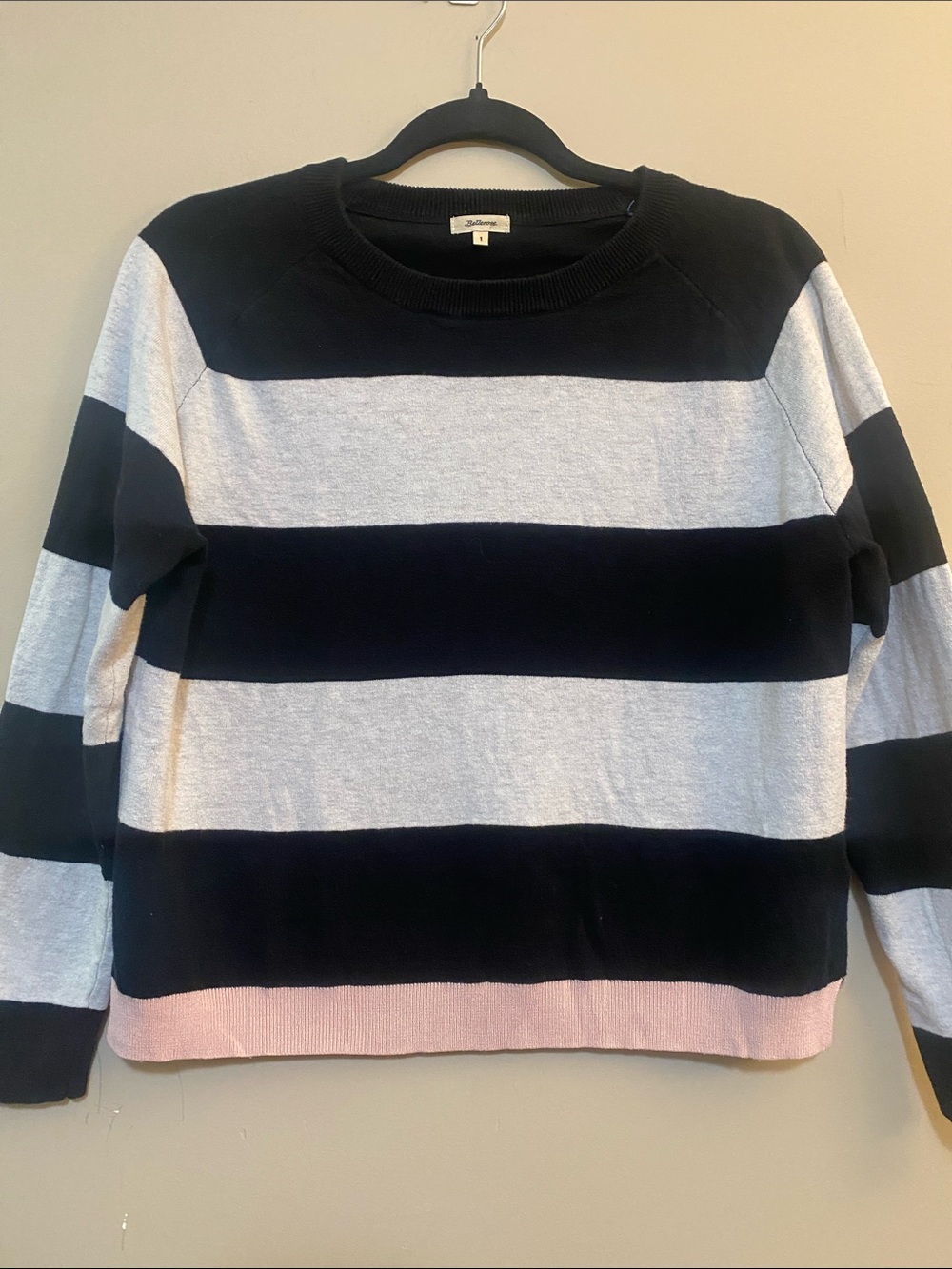 Bellerose Striped Crewneck Sweater in Black, Light Gray & Pink Hem